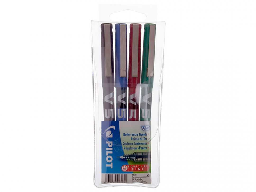 Hi-Tecpoint V5 - Vloeibare inkt roller - Verpakking van 4 - Zwart, Blauw, Rood, Groen - Fijne penpunt