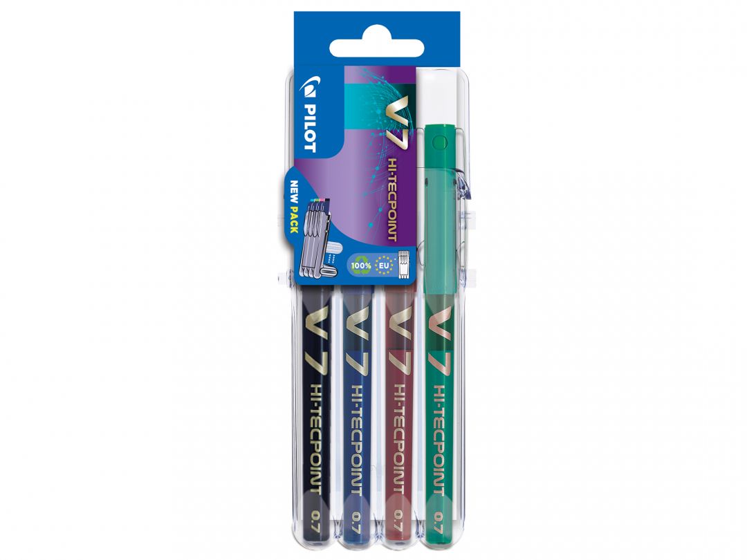 Set2Go van 4 - Hi-Tecpoint V7 - Vloeibare inkt roller - Zwart, Blauw, Rood, Groen - Medium penpunt